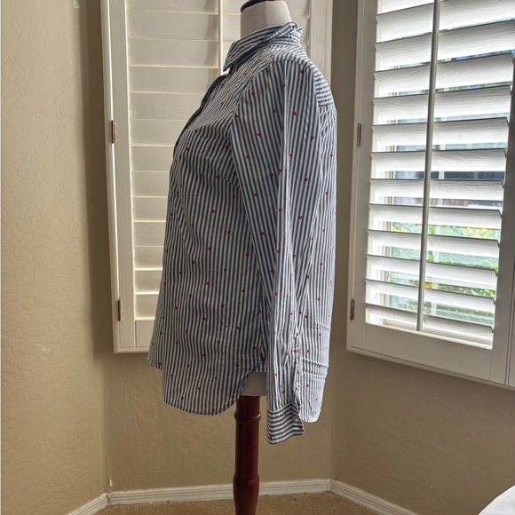 Old Navy Classic Collared LS Shirt Gray White Striped w/ Heart Pattern Women’s L - Picture 4 of 13